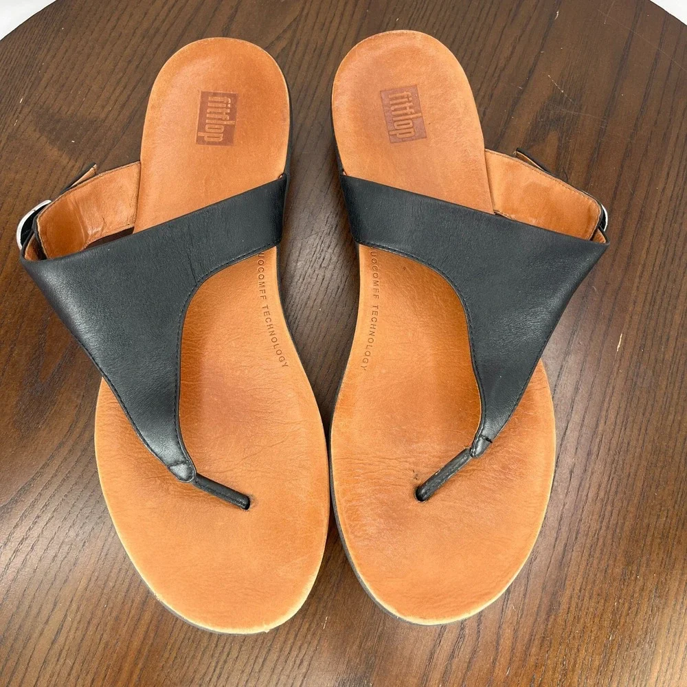 Fitflop Banda Sandal Women's 9 Black Leather Comfort Thong Flip Flop M20-001‎